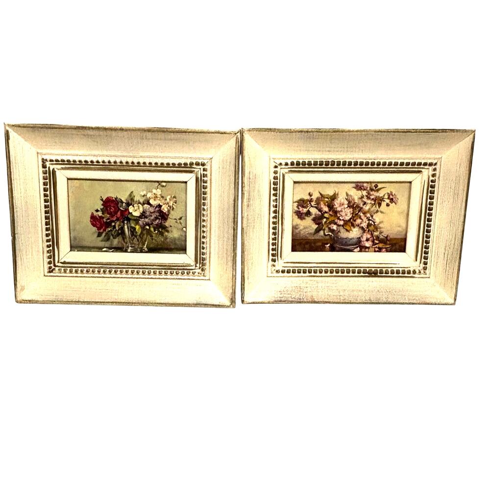 Vintage Framed Art Prints TWO Mid Century style wooden frames floral still life
